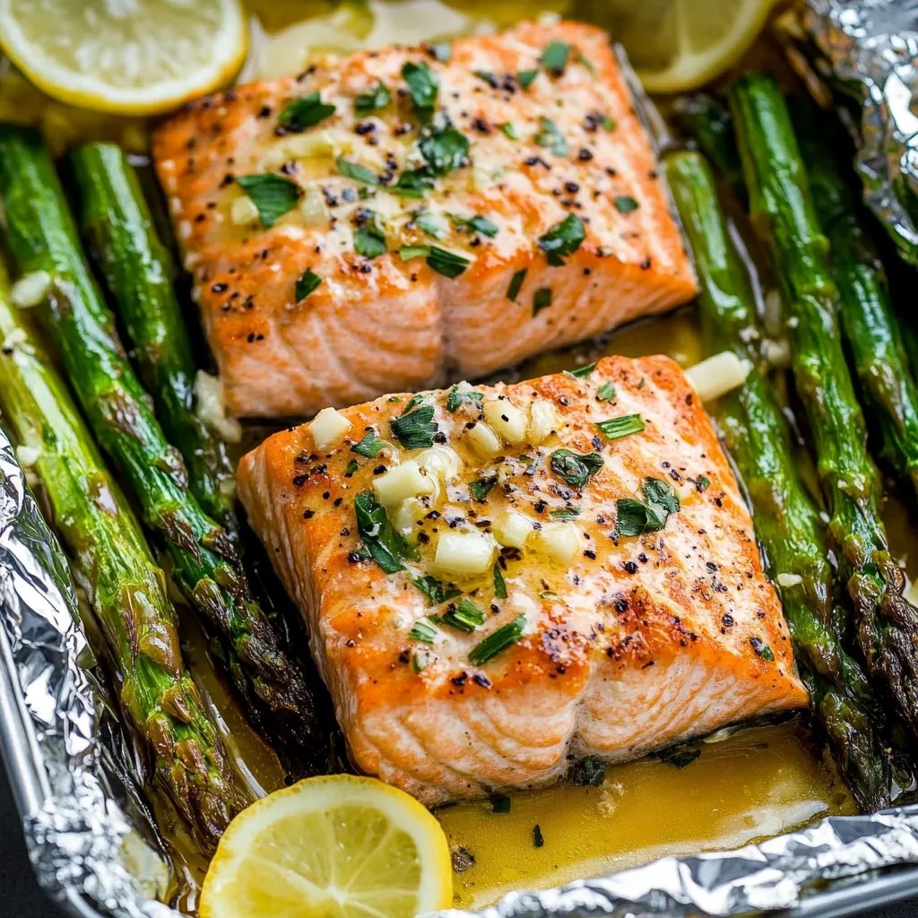 Lachs und Spargel in Alufolie mit Knoblauchbuttersauce